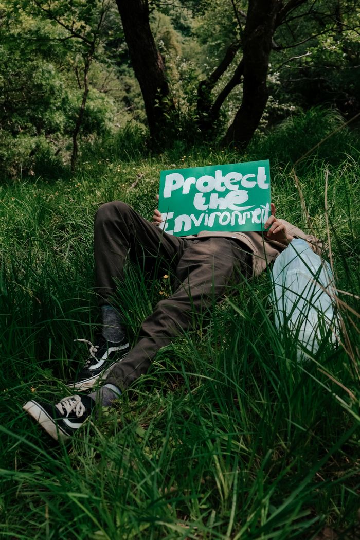who-we-are Person lies in grass holding a sign reading 'Protect the Environment' in a forest.